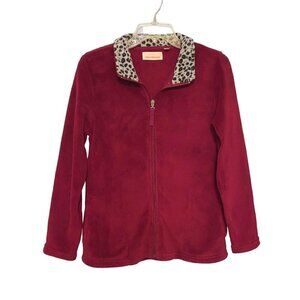 Stan Herman Fleece Zip Up Jacket Burgundy with Animal Print Collar Women's Small